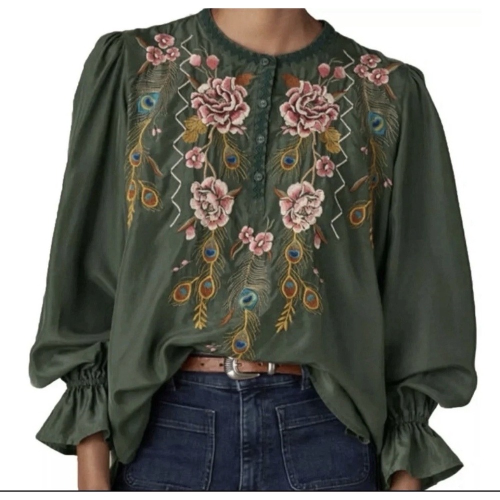 Johnny Was Quito Victorian Prairie Embroidered Peacock Silk Blouse Size Small